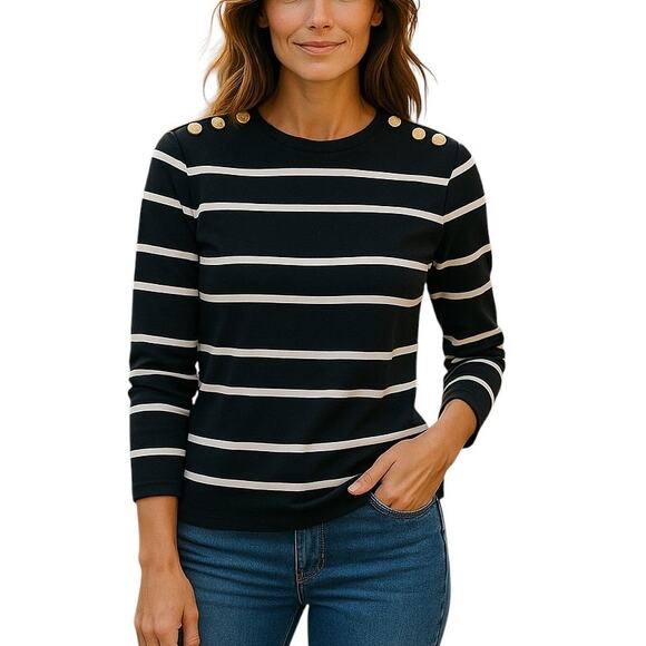 J. Crew Perfect Fit Black Striped Button Shoulder Long Sleeve Top - Picture 1 of 11
